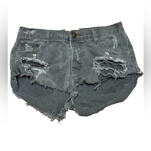 One Teaspoon Bandits Shorts Black Distressed  Button Fly Leather Back 28 - Picture 1 of 8